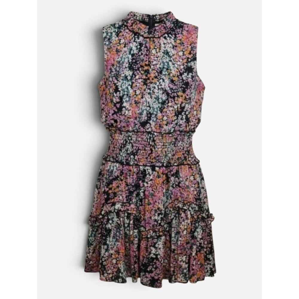 1.State Floral Sleeveless Smocked Mini Dress High Neck Ruffle Size Small